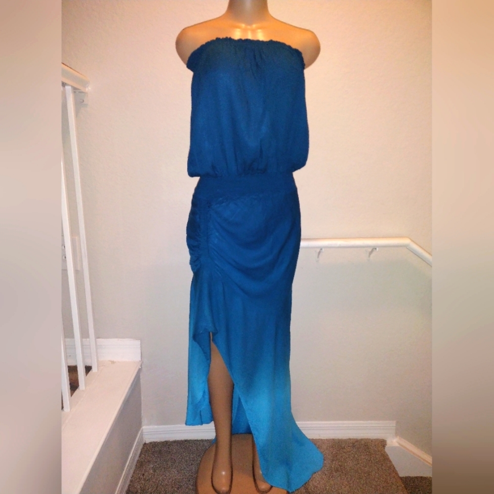 Young Fabulous & Broke Teal to Ocean Blue Strapless Asymmetrical Dress